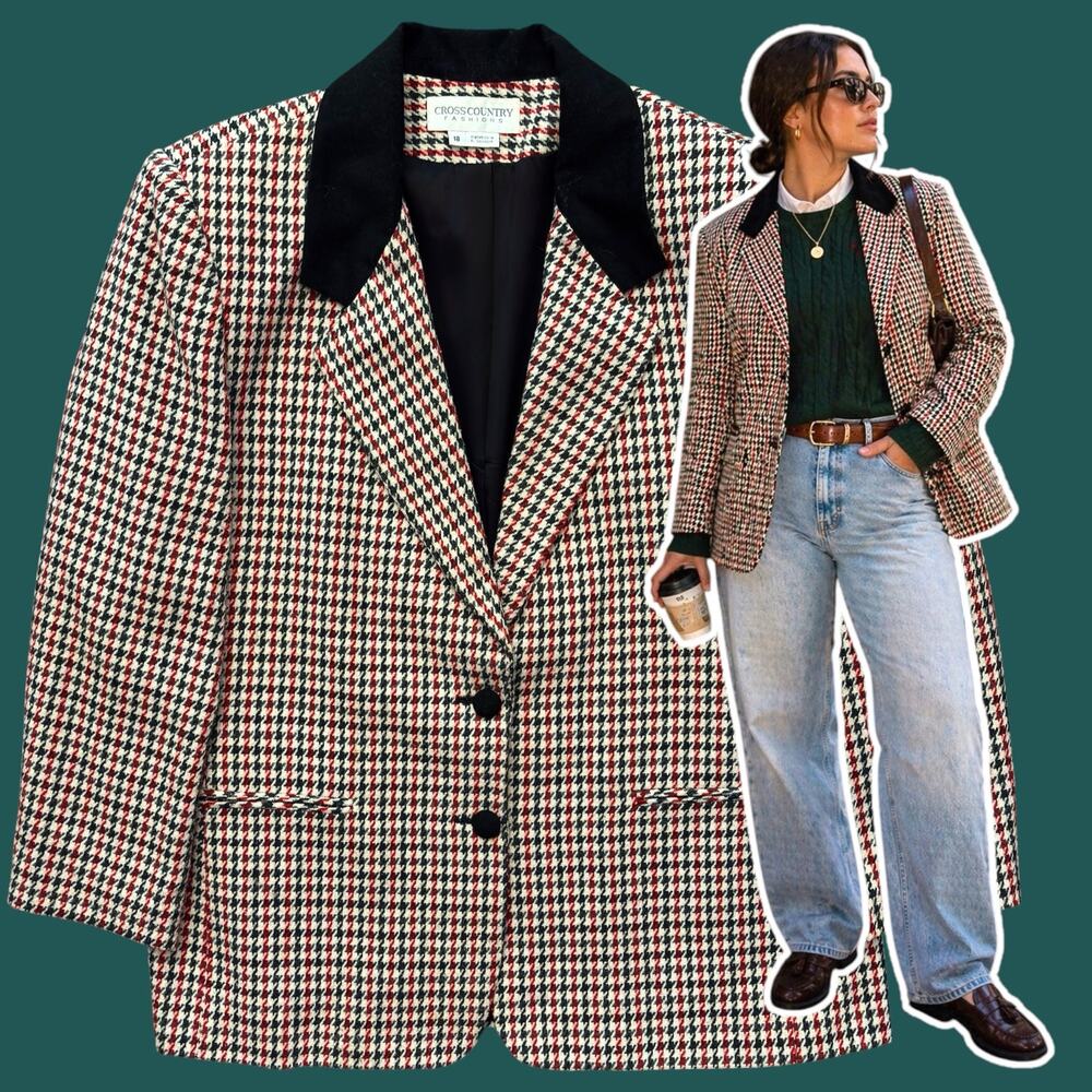 Cross Country Houndstooth Equestrian Blazer Size 18 Tweed Preppy Academia Boxy - Picture 1 of 8